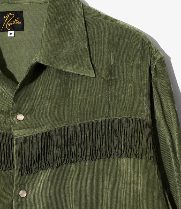 Fringe Open Collar Shirt - Green - Rayon Corduroy