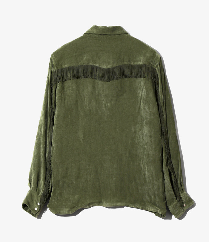 Fringe Open Collar Shirt - Green - Rayon Corduroy