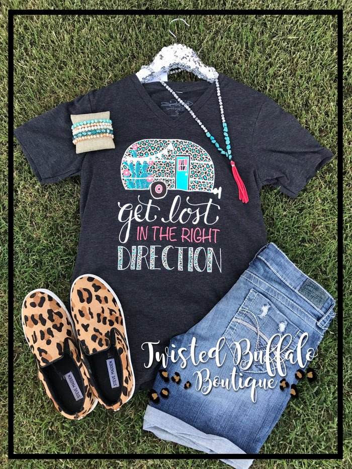 {GET LOST IN THE RIGHT DIRECTION} Leopard Camper Char-Black V-Neck Tee