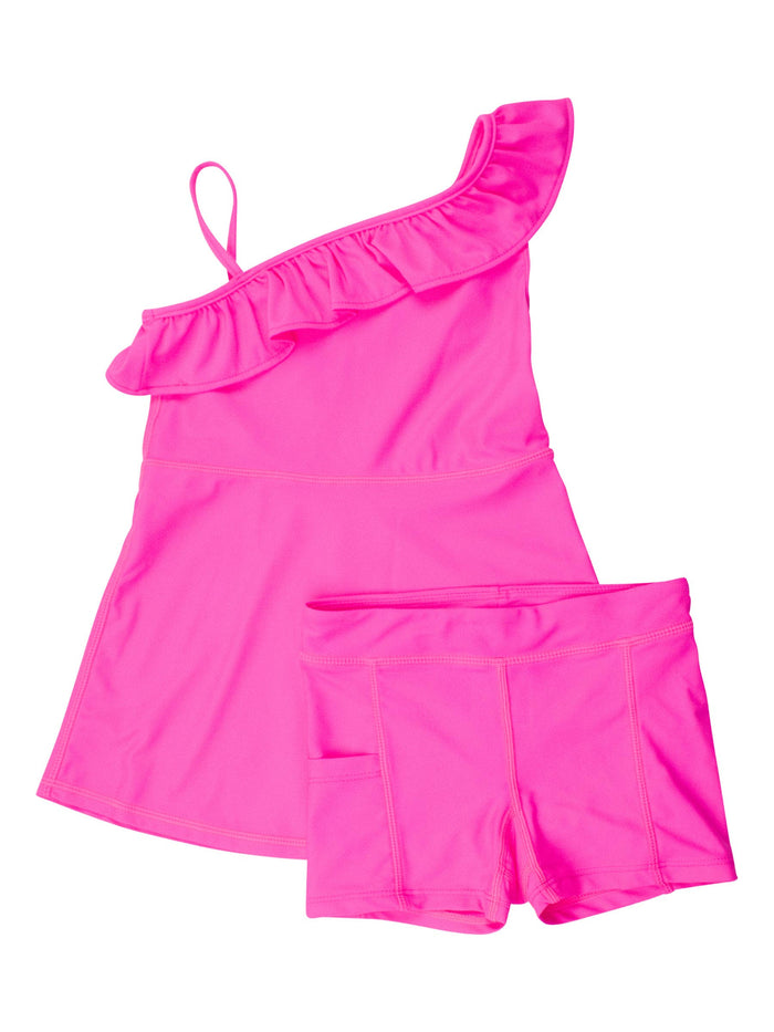 Girls Neon Magenta Active Tennis Dress & Bike Short Set: Pink