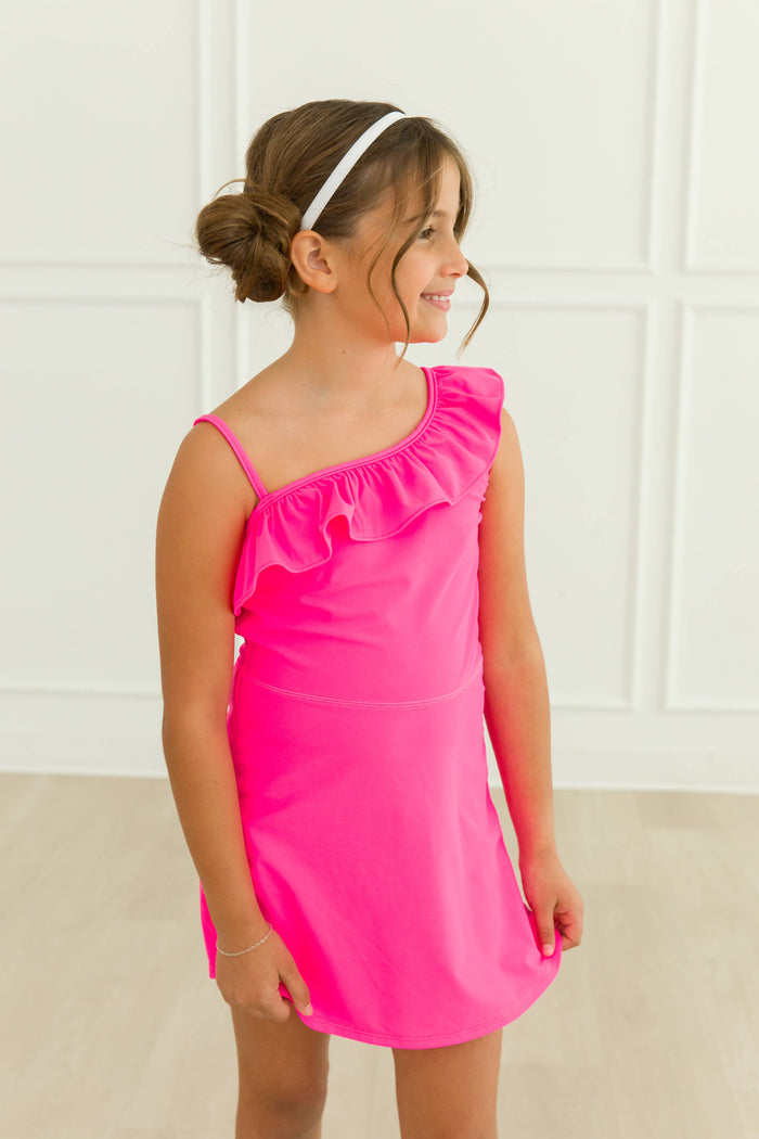 Girls Neon Magenta Active Tennis Dress & Bike Short Set: Pink