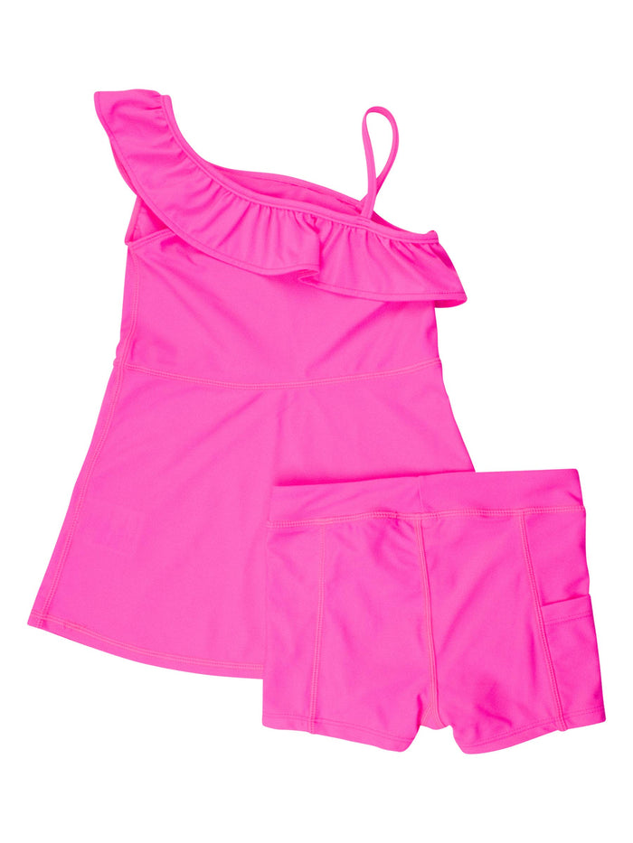 Girls Neon Magenta Active Tennis Dress & Bike Short Set: Pink