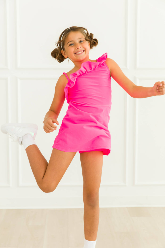 Girls Neon Magenta Active Tennis Dress & Bike Short Set: Pink