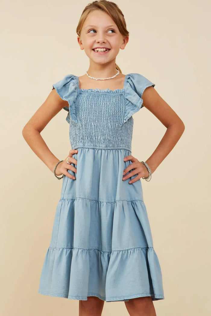 Girls Smocked Detail Ruffled Dress