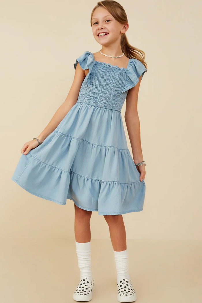 Girls Smocked Detail Ruffled Dress