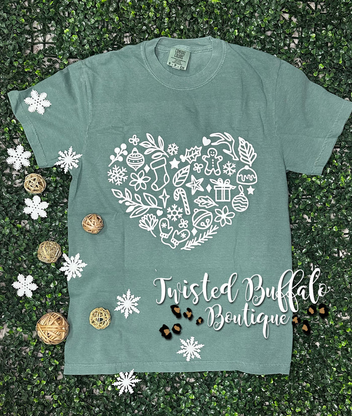 Green {HOLIDAY HEART} Crew Neck Tee