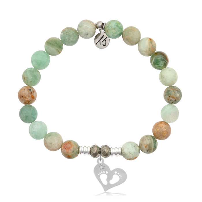Green Quartz Stone Bracelet with Baby Feet Sterling Silver Charm