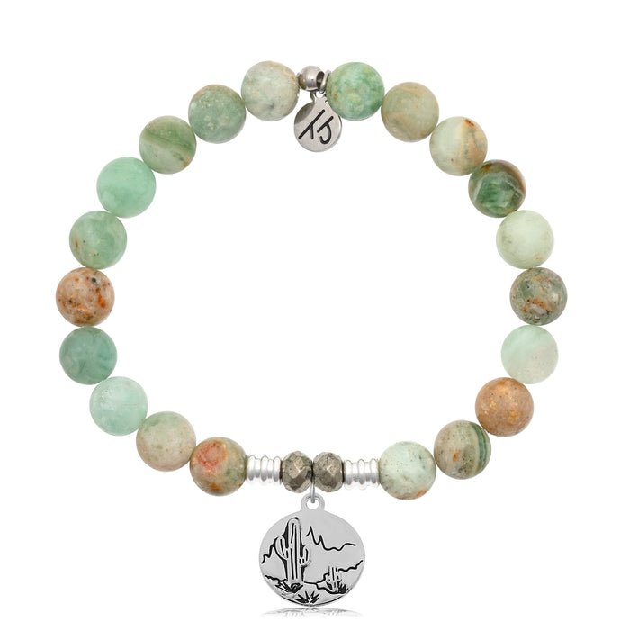 Green Quartz Stone Bracelet with Cactus Sterling Silver Charm