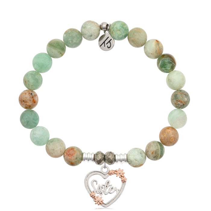 Green Quartz Stone Bracelet with Heart Sister Sterling Silver Charm