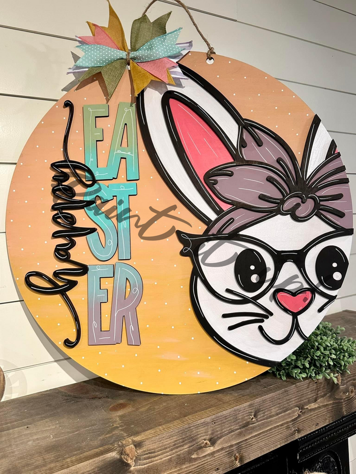 Happy Easter Bunny Glasses Wooden Door Hanger