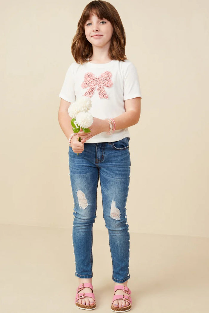 Hayden Girls Pearl Detailed Bow Patch Knit T Shirt