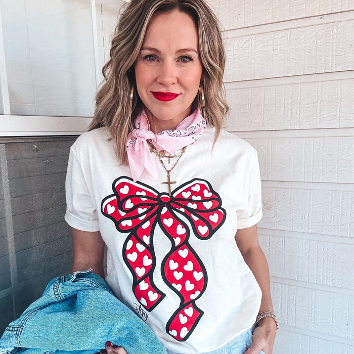 {HEART SPRINKLES} BIG, BEAUTIFUL BOW Natural Crew Neck Tee