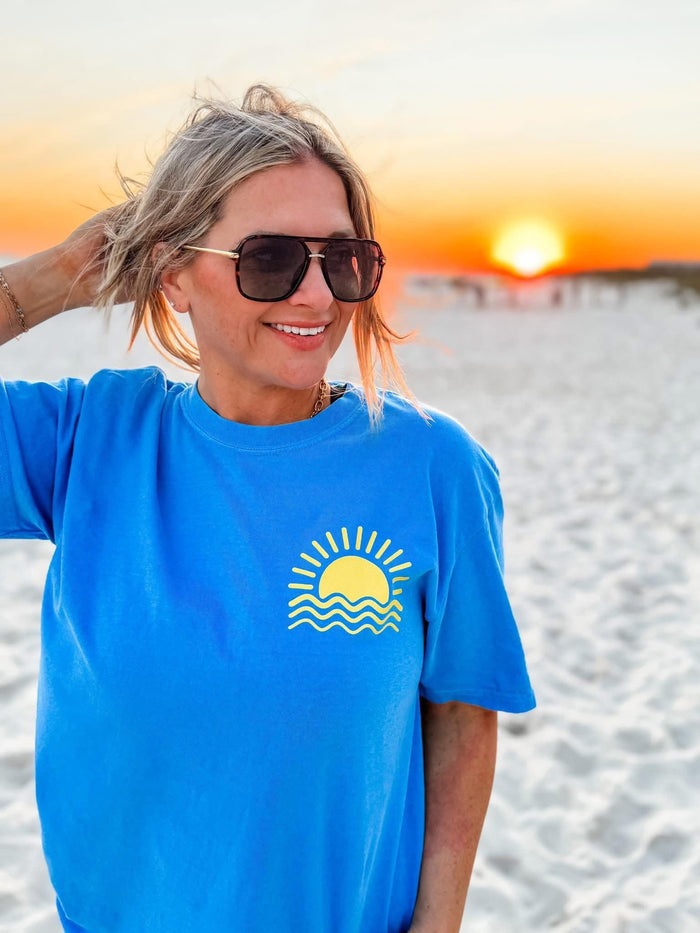 {HERE COMES THE SUN} Front + Back Royal Caribbean Blue Crew Neck Tee