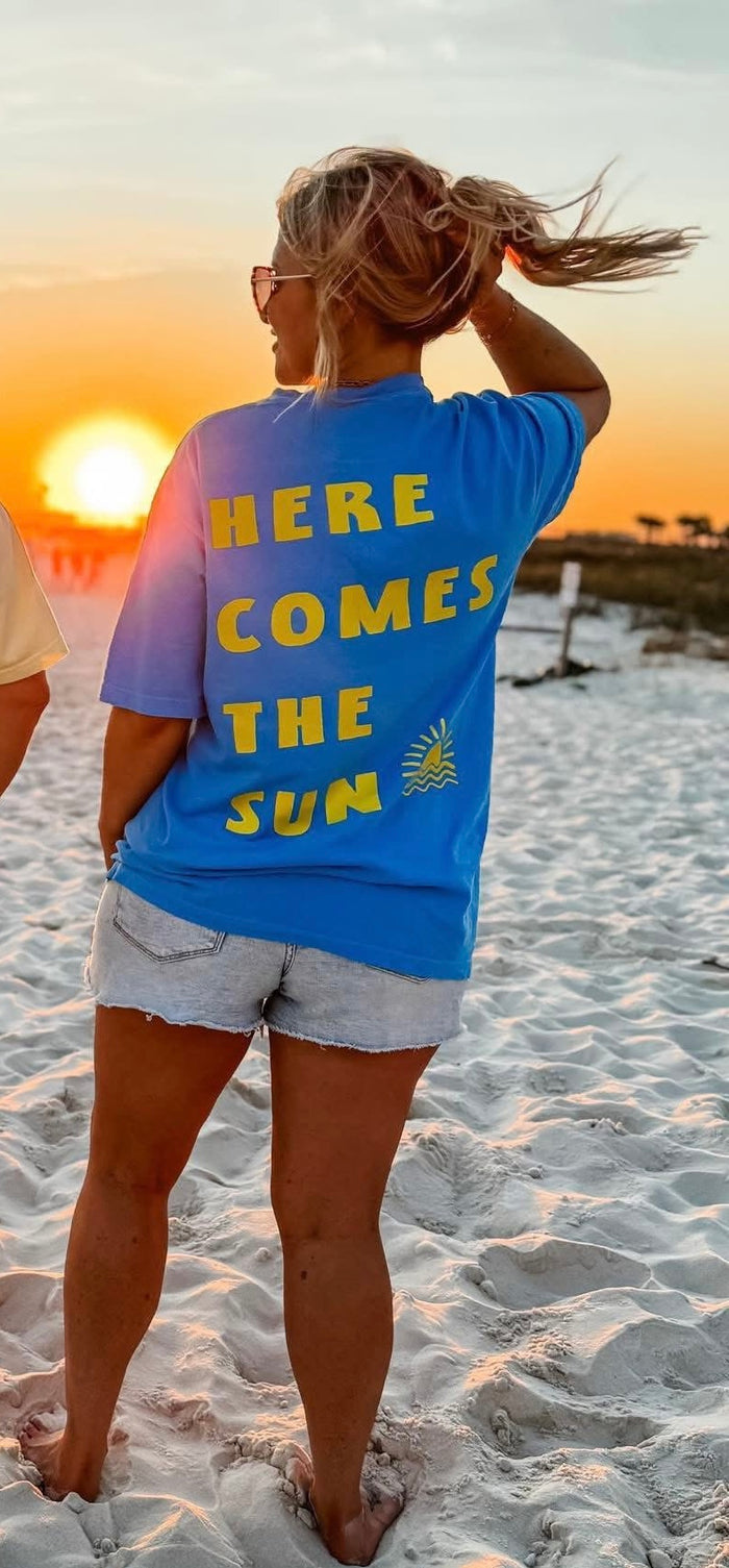 {HERE COMES THE SUN} Front + Back Royal Caribbean Blue Crew Neck Tee