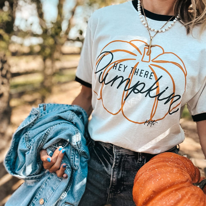 {HEY THERE PUMPKIN} Ringer Cream Crew Neck Tee