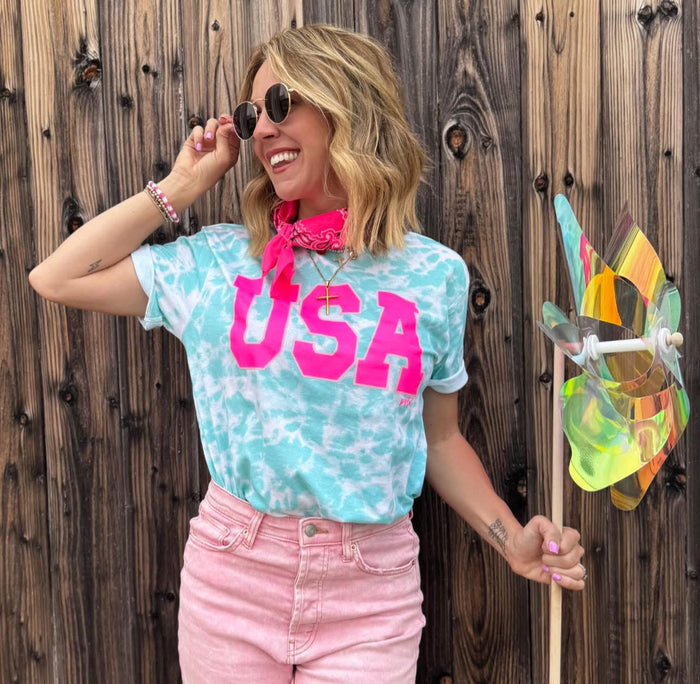 Hot Pink + Aqua {PATRIOTIC USA} Aqua Tie Dye Crew Neck Tee