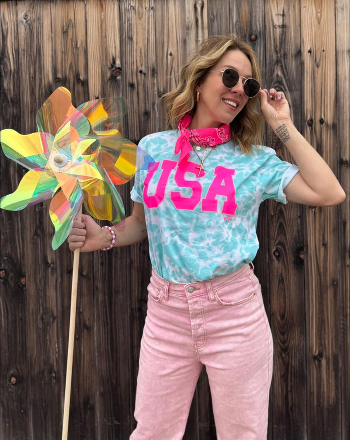 Hot Pink + Aqua {PATRIOTIC USA} Aqua Tie Dye Crew Neck Tee