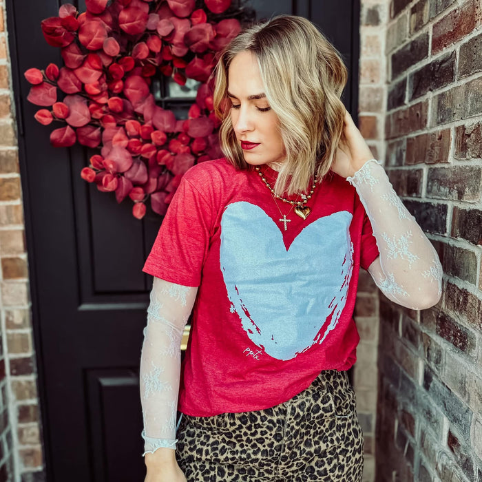 {HUNGRY EYES} White Glitter Heart Heather Red Crew Neck Tee
