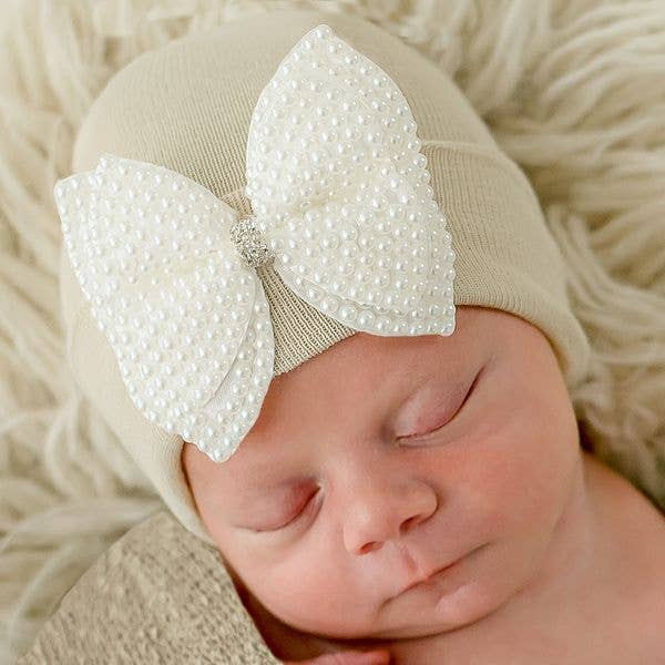 Ilybean Pearl Bow Hospital Hat for Newborn Girls | Beige