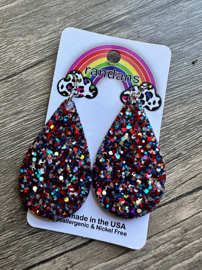 “Yankee Doodle” Patriotic + Stars Glitter Handcrafted Resin Earrings