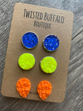 Rome {ROUND} Royal Blue, Neon Yellow + Orange Druzy 12mm Earrings Set