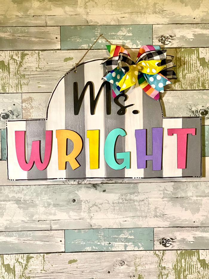 Personalized Bright Stripes Teacher Wooden Door Hanger