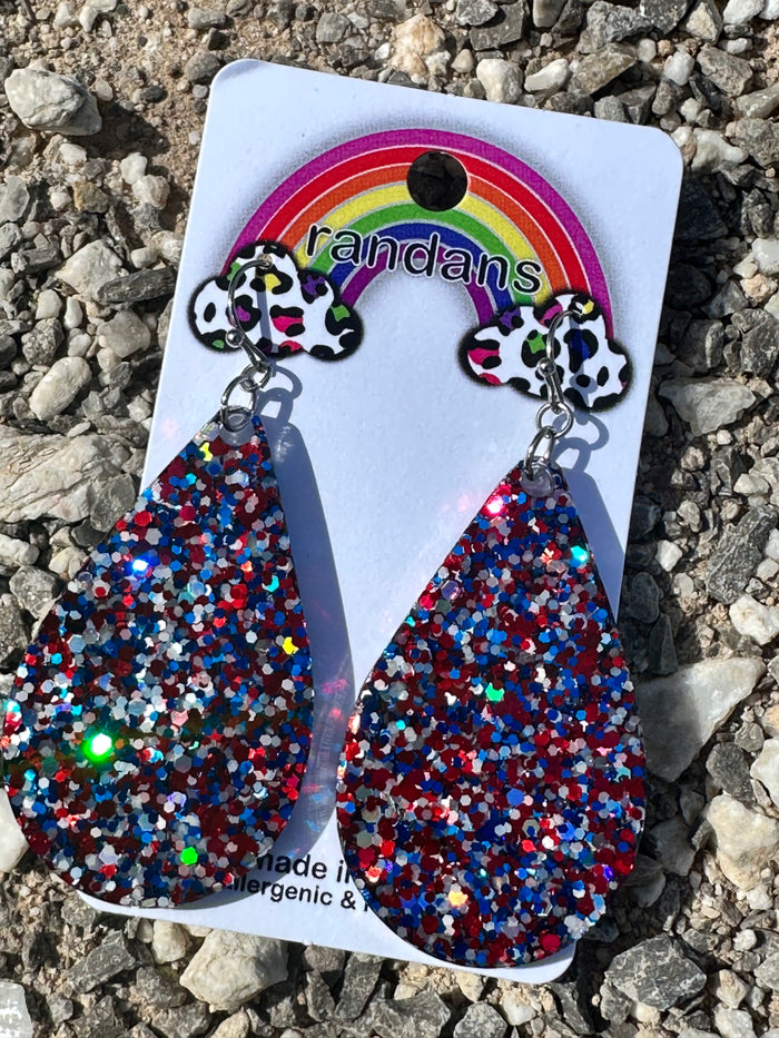 “Yankee Doodle” Patriotic + Stars Glitter Handcrafted Resin Earrings
