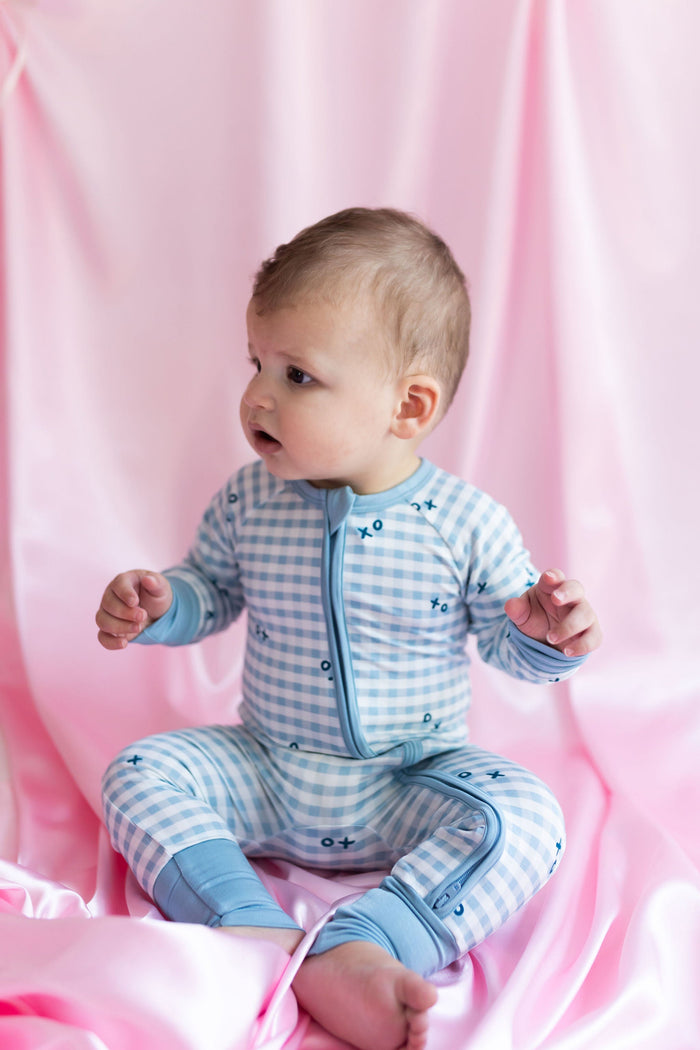 In My Jammers Blue XO Gingham Zipper Romper