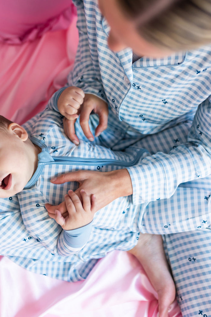 In My Jammers Blue XO Gingham Zipper Romper