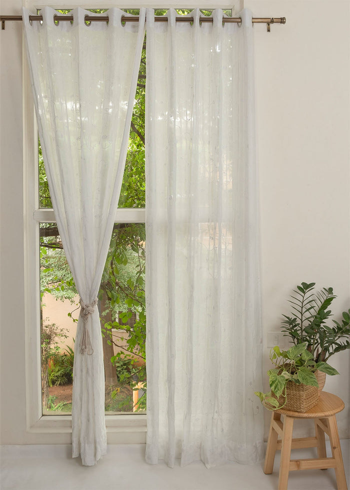 Ivy Vines Embroidered printed cotton Fabric - White
