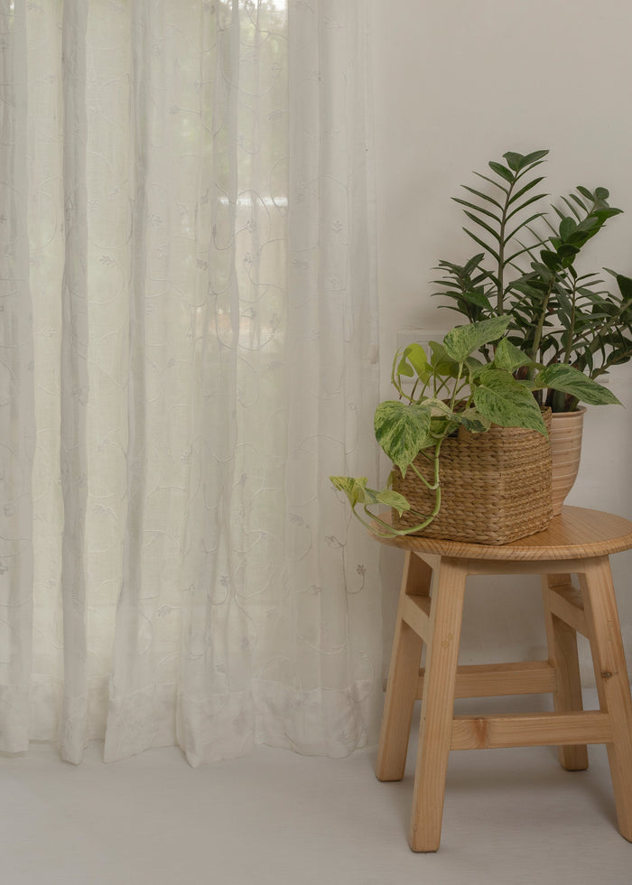 Ivy Vines Embroidered printed cotton Fabric - White