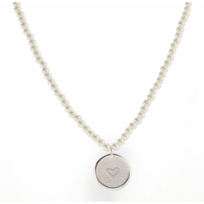 Jane Marie Kids 14" Pearl Body with Silver Disk with Heart Center Necklace, 3" Ext