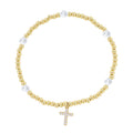 Jane Marie Kids 18K Gold Plated Gold & Clear Beaded Stretch Bracelet with Clear Crystal Cross
