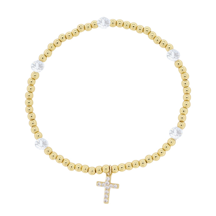 Jane Marie Kids 18K Gold Plated Gold & Clear Beaded Stretch Bracelet with Clear Crystal Cross