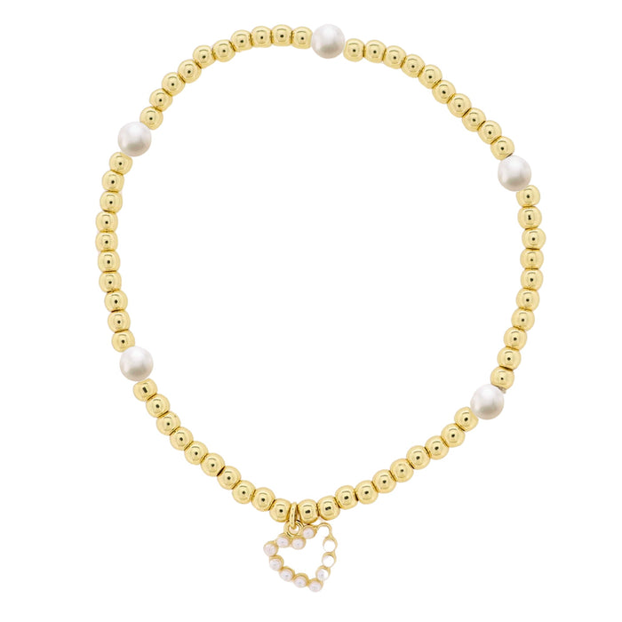 Jane Marie Kids 18K Gold Plated Gold & Pearl Beaded Stretch Bracelet with Pearl Heart