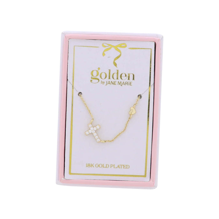 Jane Marie Kids 18K Gold Plated Necklace with Clear Sideways Crystal Cross