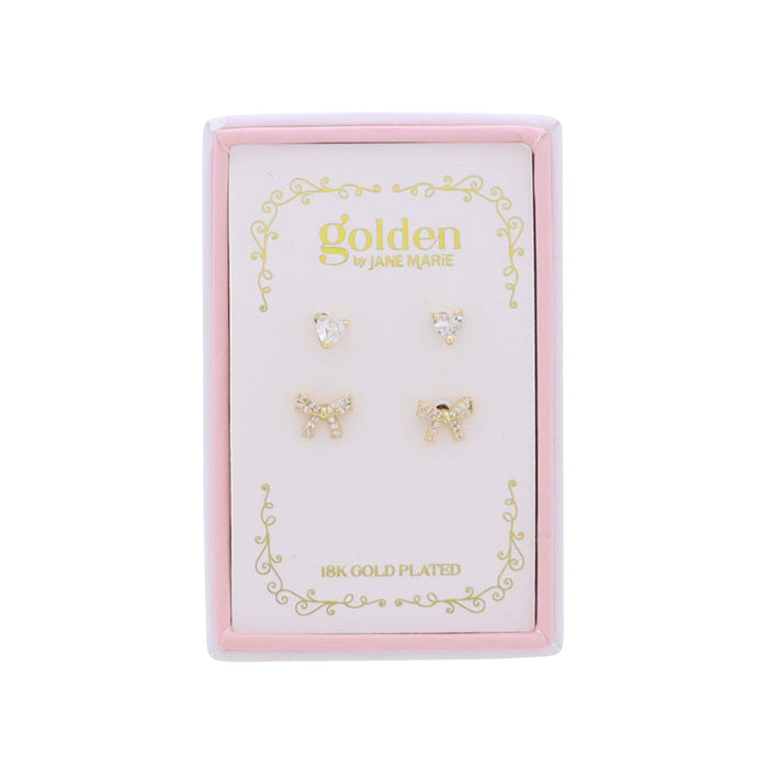 Jane Marie Kids 18K Gold Plated Set of 2 Heart & Bow Stud Earrings