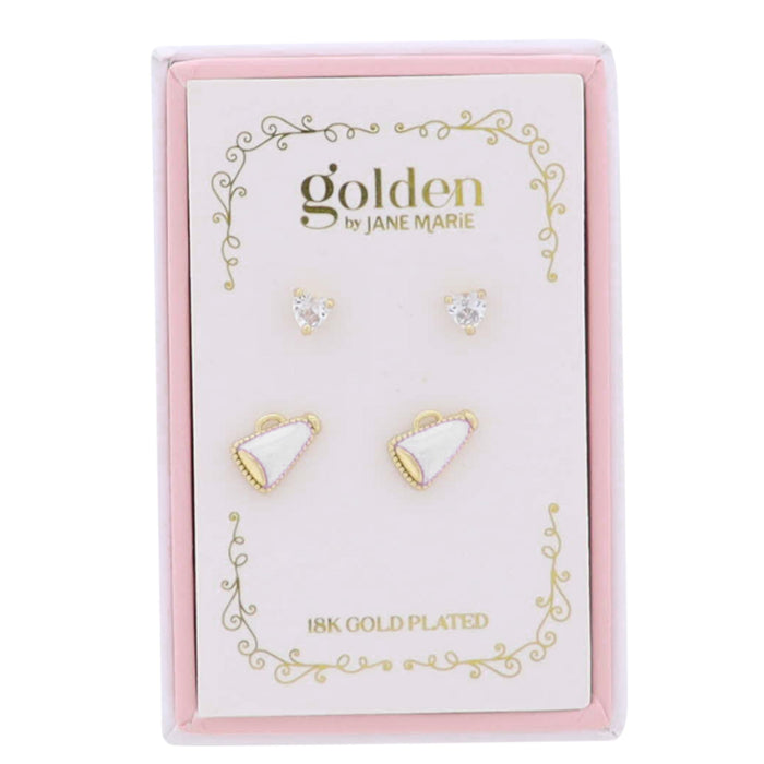 Jane Marie Kids 18K Gold Plated Set of 2 Heart & White Megaphone Stud Earrings