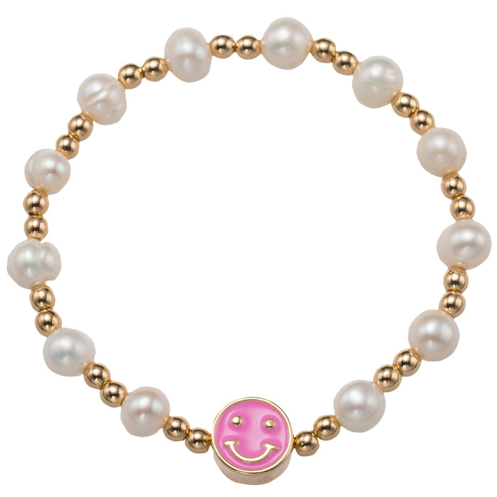 Jane Marie Kids Gold,Pearl Beaded Bracelet with Pink Happy Face