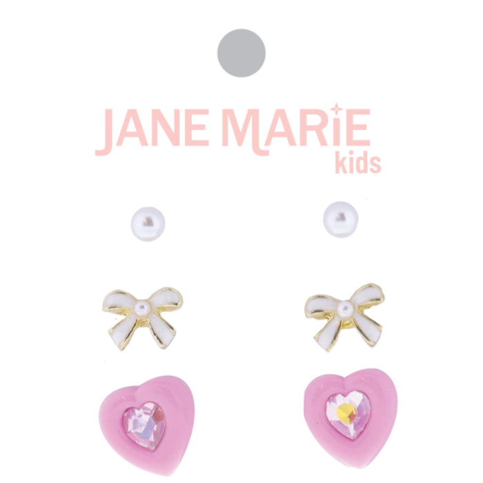 Jane Marie Kids Set of 3, Pearl, White Enamel Bow, Pink Heart with AB Center Earrings