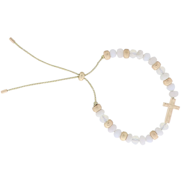 Jane Marie Kids White Semi Precious, Faceted Beaded Bracelet with Gold Cross