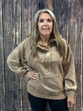 {KARLEE} Camel Acid Wash Super Soft Fleece Oversized 1/4 Zip Hoodie Pullover
