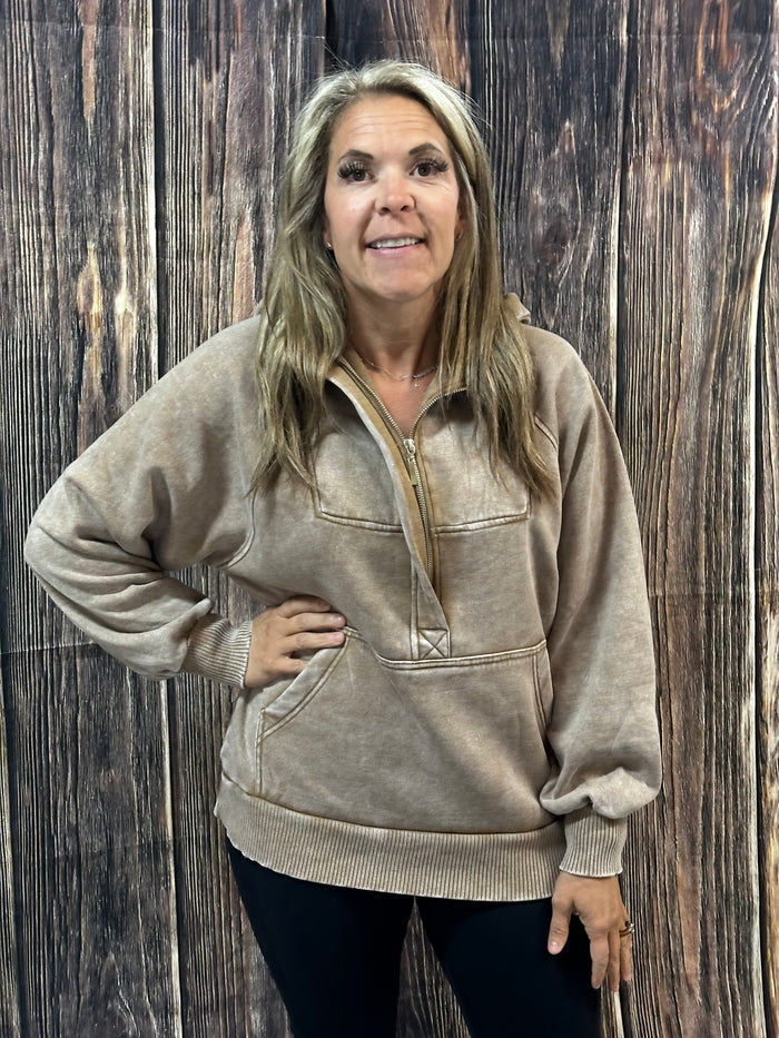 {KARLEE} Deep Camel Acid Wash Super Soft Fleece Oversized 1/4 Zip Hoodie Pullover