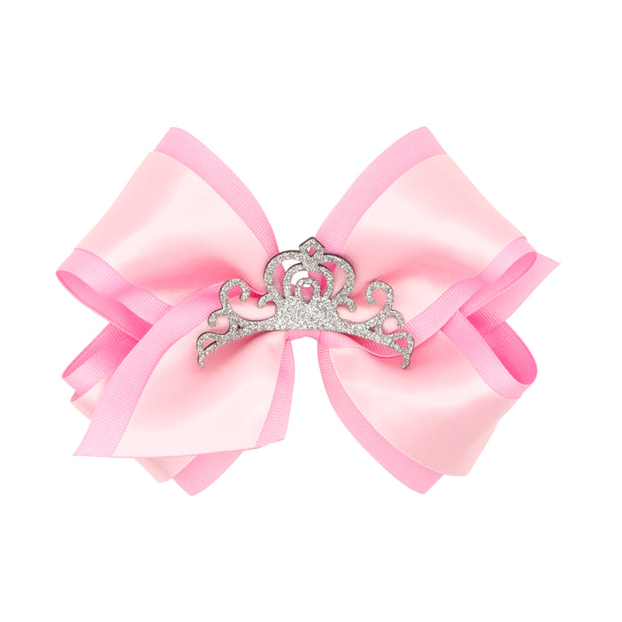 King Princess Grosgrain Hair Bow with Satin Overlay and Glitter Crown