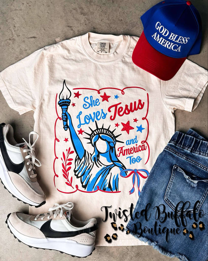 Lady Liberty {SHE LOVES JESUS AND AMERICA TOO} Natural Crew Neck Tee