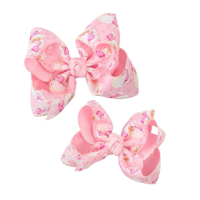 LAYERED LIGHT PINK SANTA PRINT HAIR BOW ON ALLIGATOR CLIP : 4.5" Large