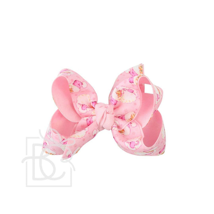 LAYERED LIGHT PINK SANTA PRINT HAIR BOW ON ALLIGATOR CLIP : 5.5" Huge