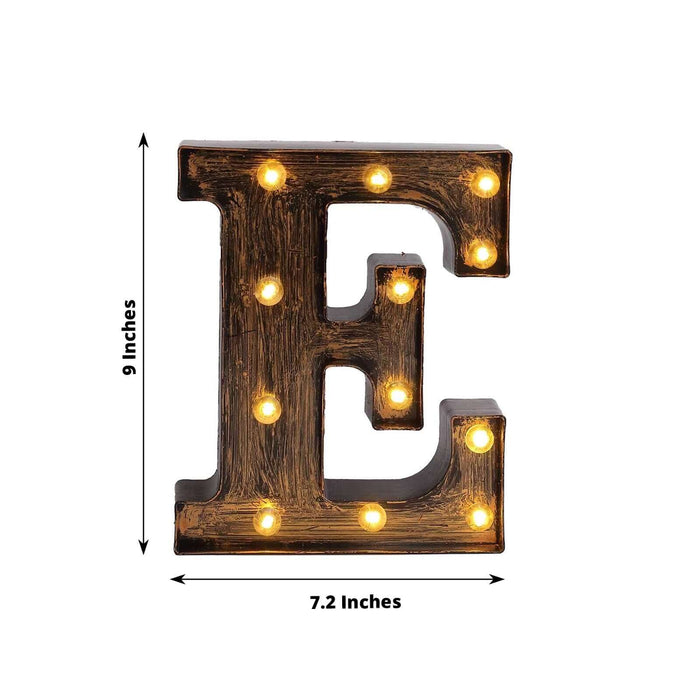 Light-up marquee letter "E" with warm LED bulbs, 9 inches tall, 7.2 inches wide.