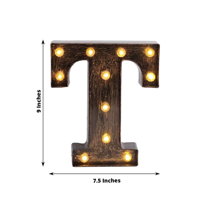 Illuminated vintage-style letter T marquee sign, 9 inches tall, 7.5 inches wide.