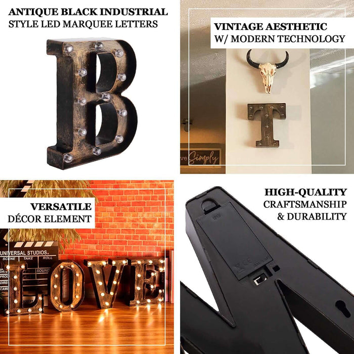 Antique black industrial style LED marquee letter "B" on a vintage aesthetic backdrop.